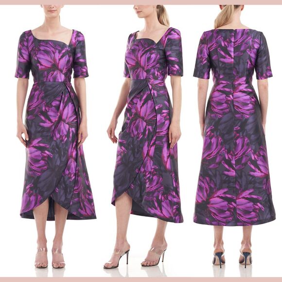NWT $278 Kay‎ Unger [ 8 ] Tallulah Floral Jacquard Dress Cerise Navy Purple - Picture 1 of 16